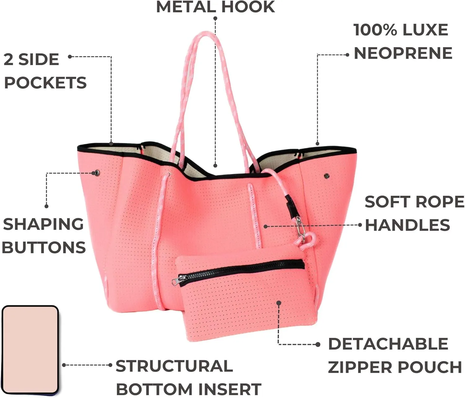 Large Neoprene Tote Bag for Women - Everyday Designer Handbag for Travel Work and Beach with Pockets and Zipper Pouch