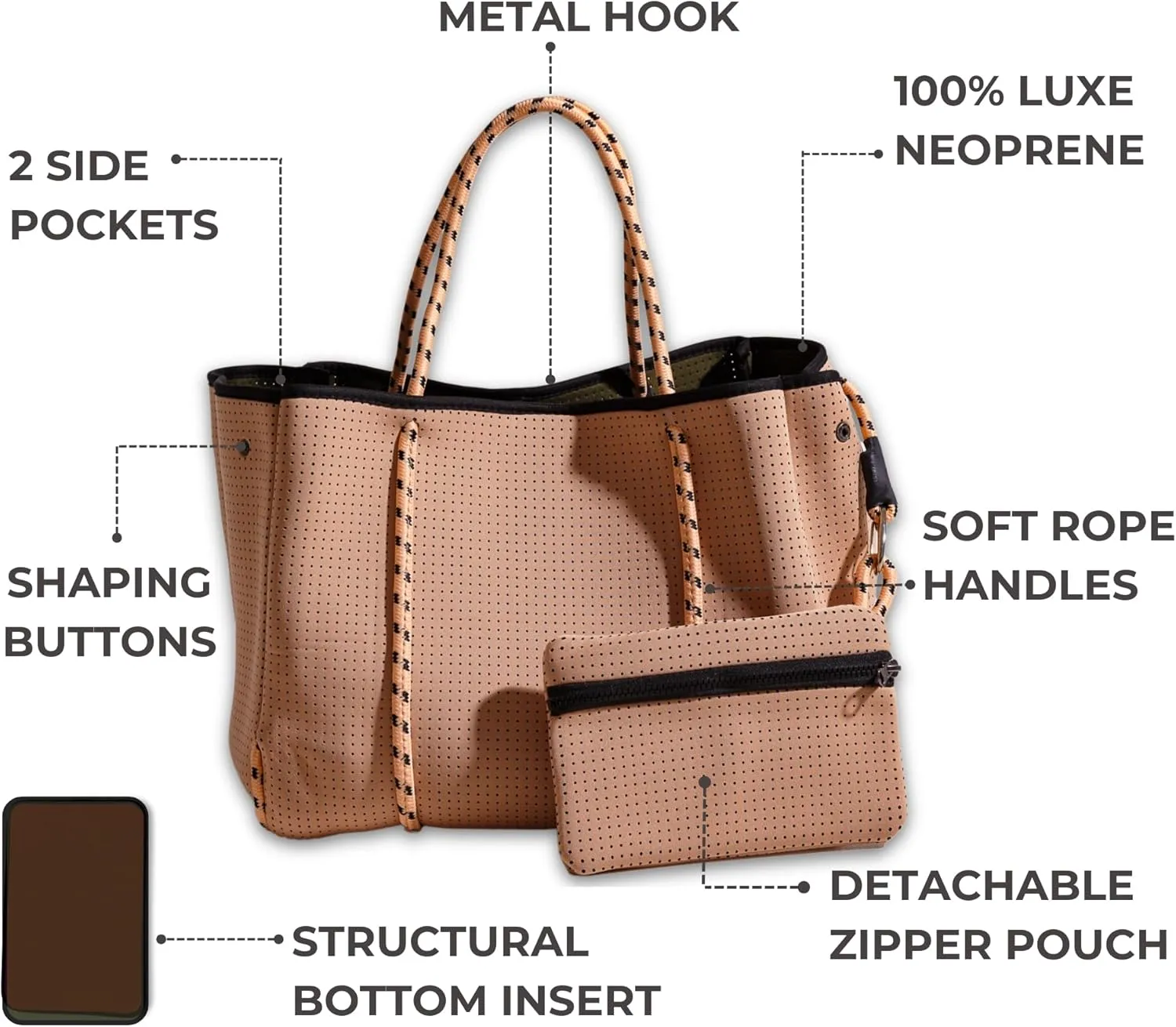 Large Neoprene Tote Bag for Women - Everyday Designer Handbag for Travel Work and Beach with Pockets and Zipper Pouch