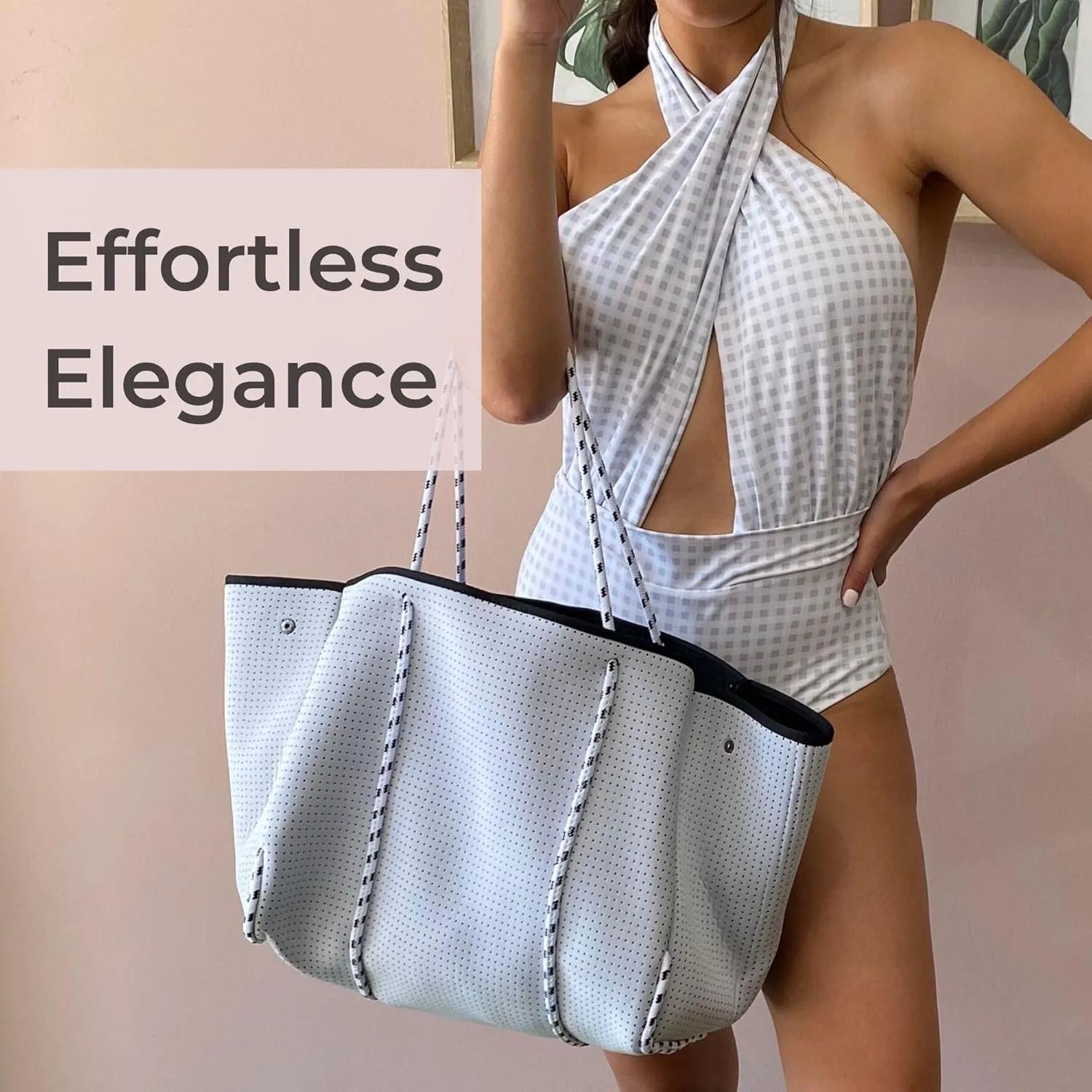 Large Neoprene Tote Bag for Women - Everyday Designer Handbag for Travel Work and Beach with Pockets and Zipper Pouch