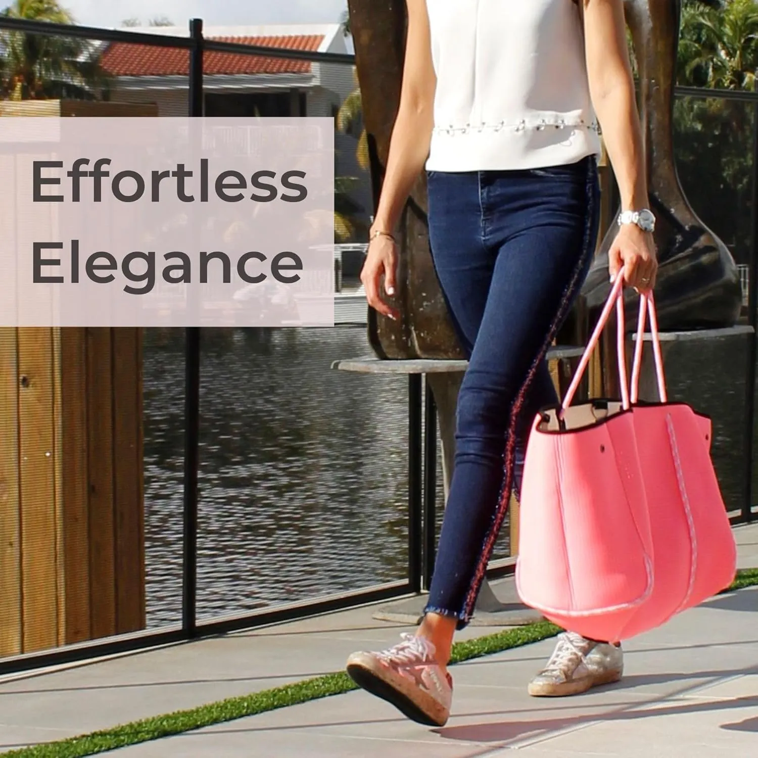 Large Neoprene Tote Bag for Women - Everyday Designer Handbag for Travel Work and Beach with Pockets and Zipper Pouch