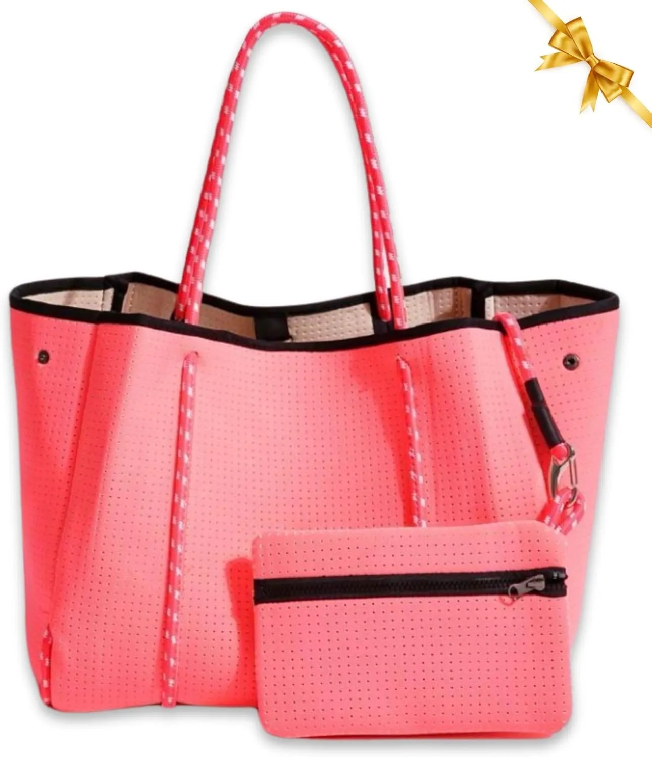 Large Neoprene Tote Bag for Women - Everyday Designer Handbag for Travel Work and Beach with Pockets and Zipper Pouch