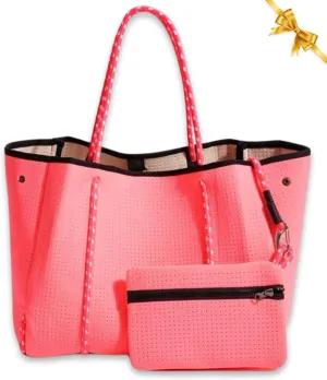 Large Neoprene Tote Bag for Women - Everyday Designer Handbag for Travel Work and Beach with Pockets and Zipper Pouch