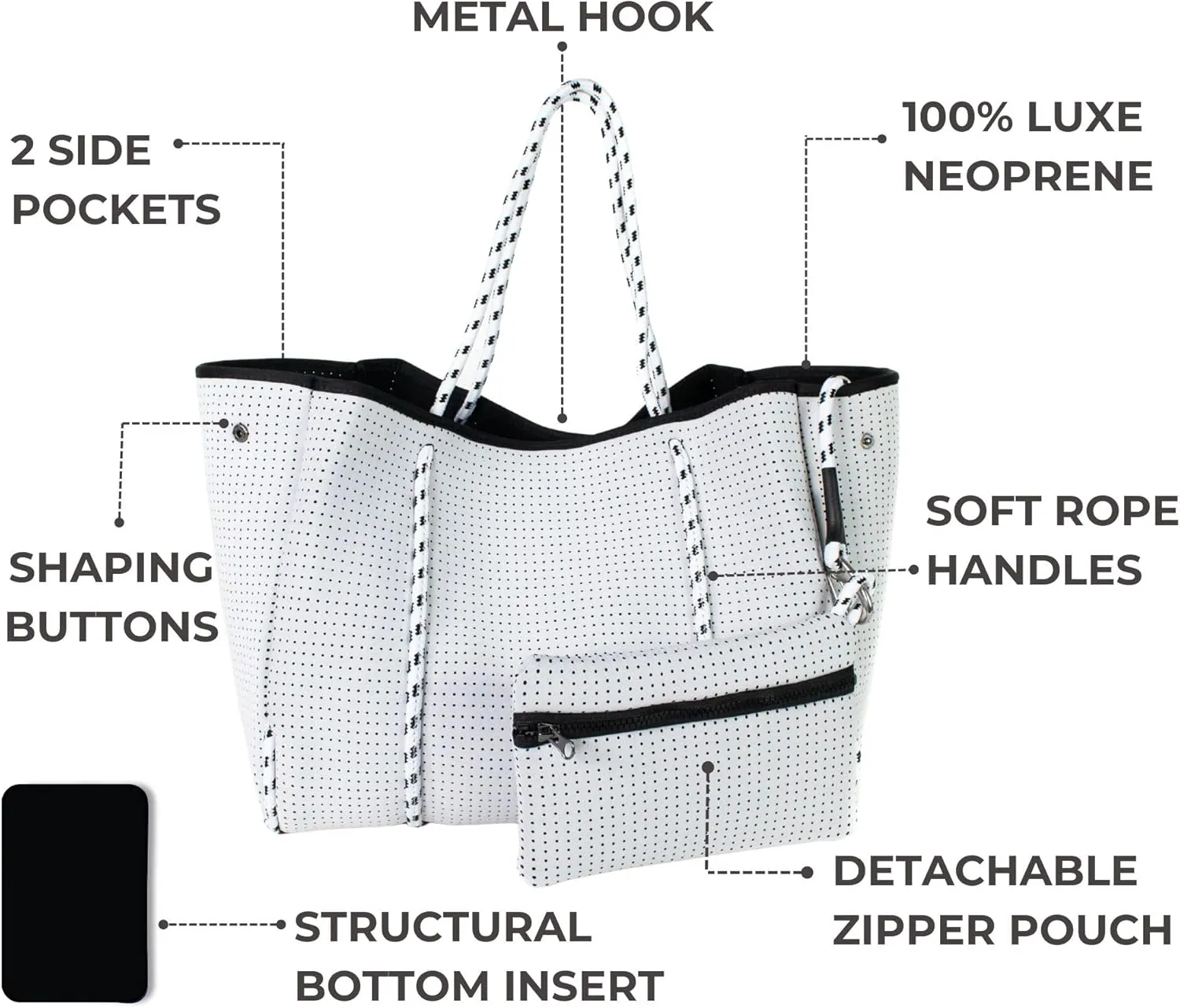 Large Neoprene Tote Bag for Women - Everyday Designer Handbag for Travel Work and Beach with Pockets and Zipper Pouch