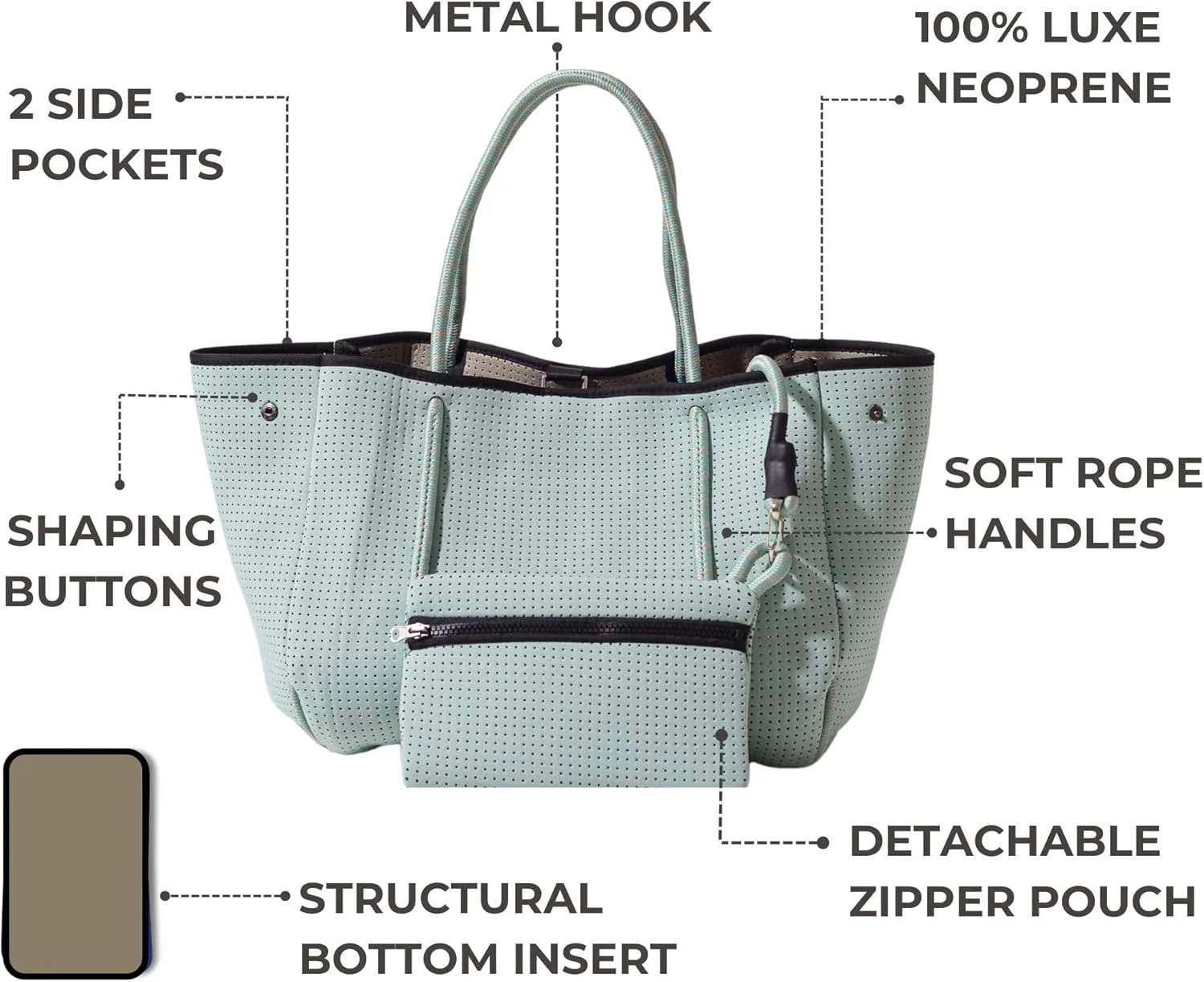 Large Neoprene Tote Bag for Women - Everyday Designer Handbag for Travel Work and Beach with Pockets and Zipper Pouch