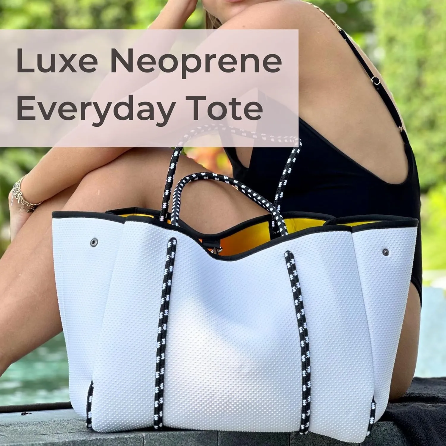 Large Neoprene Tote Bag for Women - PVC Dotted Everyday Designer Handbag - Travel Work Beach - Pockets, Zipper Pouch