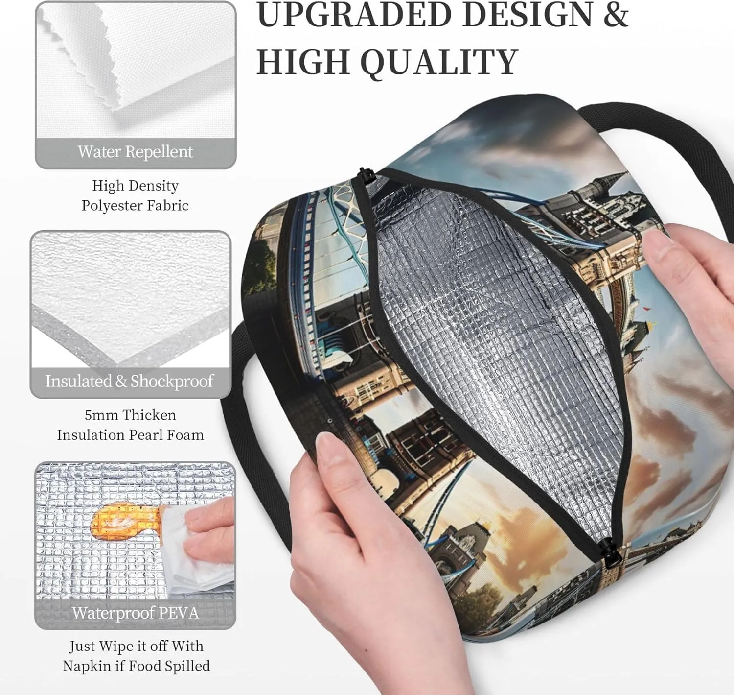 Large Reusable Insulated Lunch Bag Cooler Tote Box Meal Prep For Men & Women Work Picnic Or Travel,Historic Old Tower Bridge London Print