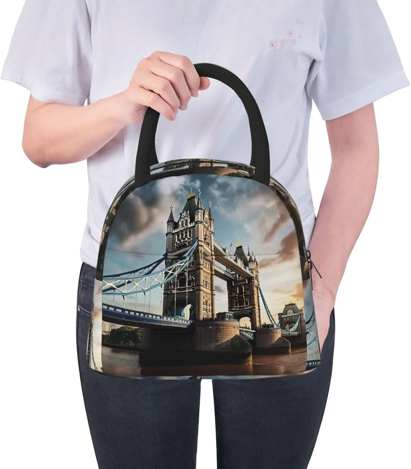 Large Reusable Insulated Lunch Bag Cooler Tote Box Meal Prep For Men & Women Work Picnic Or Travel,Historic Old Tower Bridge London Print