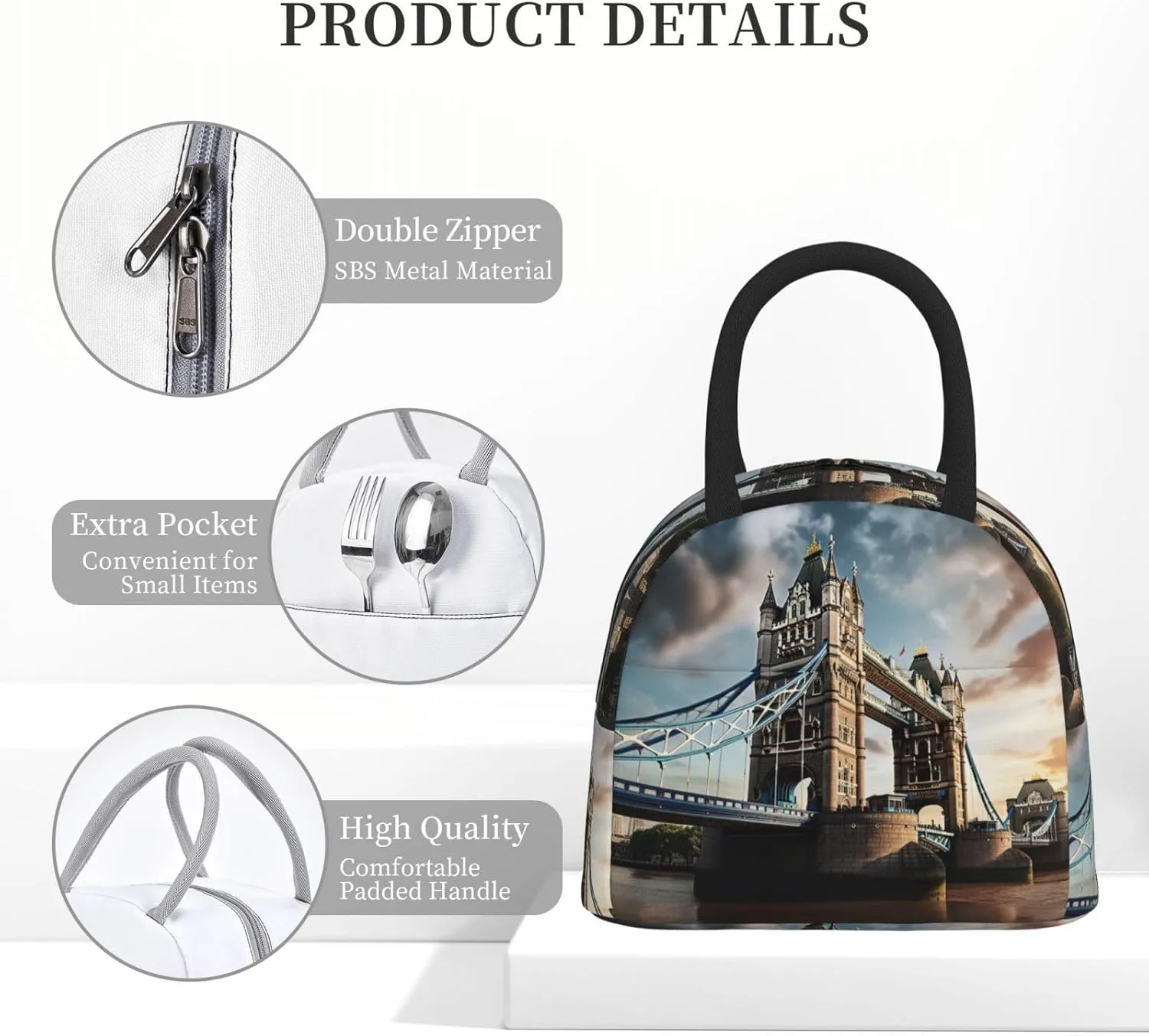 Large Reusable Insulated Lunch Bag Cooler Tote Box Meal Prep For Men & Women Work Picnic Or Travel,Historic Old Tower Bridge London Print