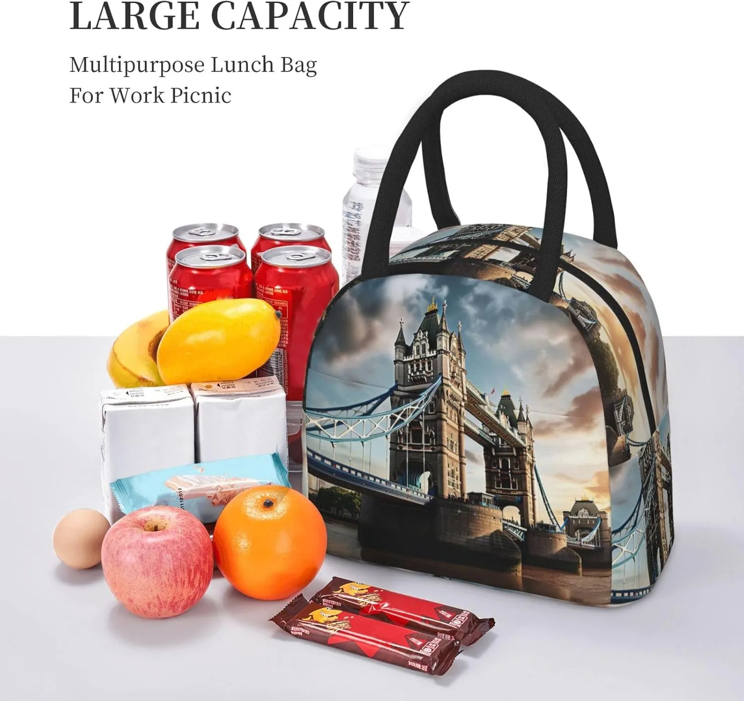 Large Reusable Insulated Lunch Bag Cooler Tote Box Meal Prep For Men & Women Work Picnic Or Travel,Historic Old Tower Bridge London Print