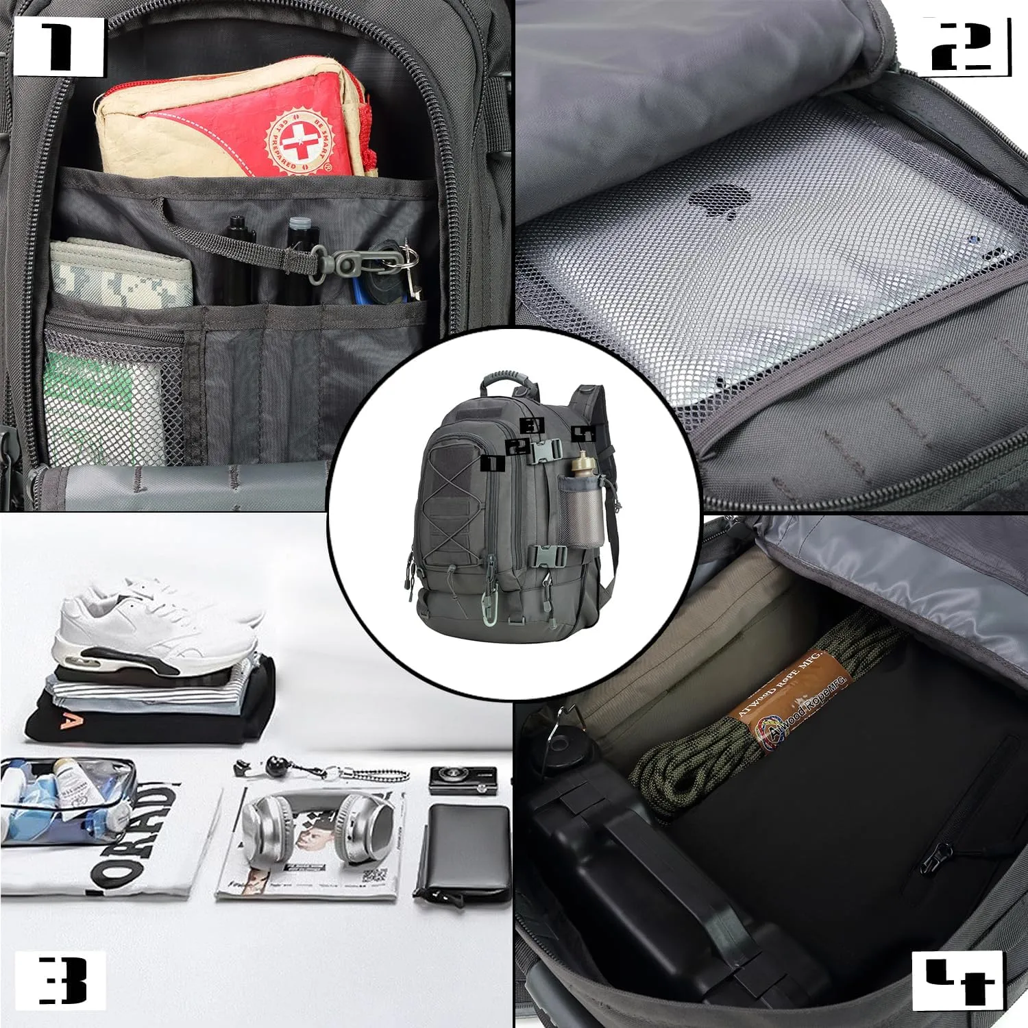 Large Tactical Backpack for Men Military Backpack with DIY System for Travel, Work,Camping,Hunting,Hiking,Sports (GRAY)