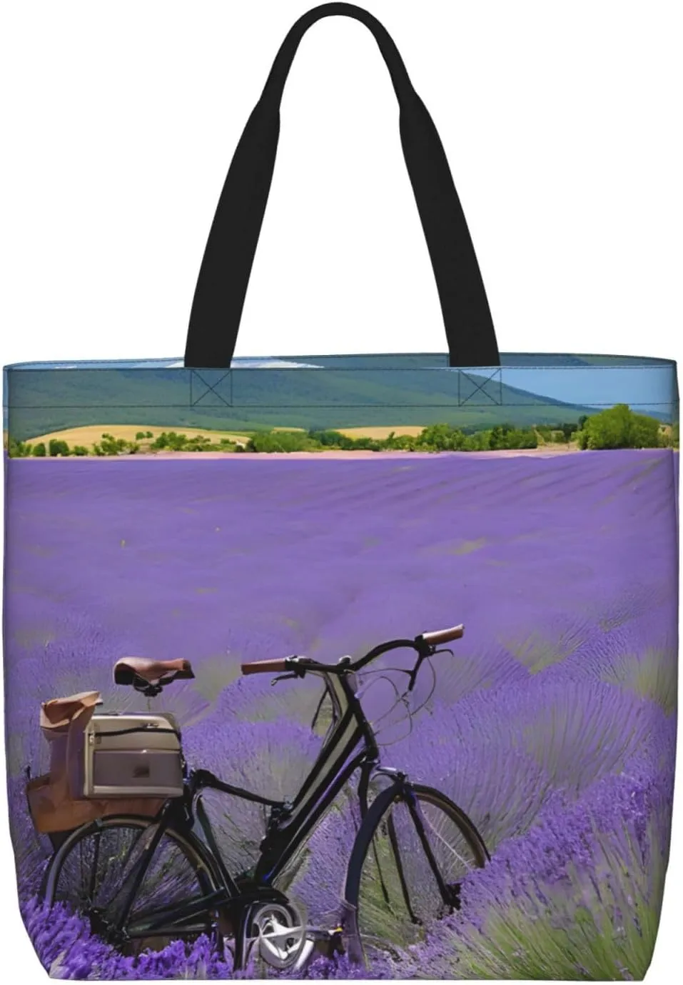 Lavender Field Retro Bike Agriculture Print Tote Bag Women Single Shoulder Leisure Bag Multi-Purpose Large Shopping Bag.