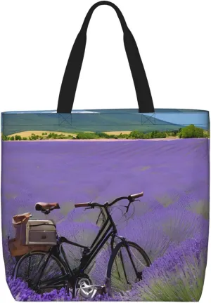 Lavender Field Retro Bike Agriculture Print Tote Bag Women Single Shoulder Leisure Bag Multi-Purpose Large Shopping Bag.