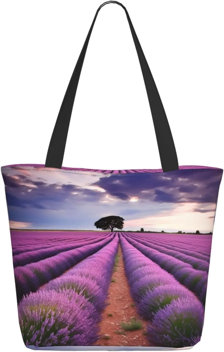 Lavender fields Tote Bag for Women Large Shoulder Bag with Zipper Travel Handbag with Pockets Reusable Shopping Bag Casual Aesthetic Beach Bags