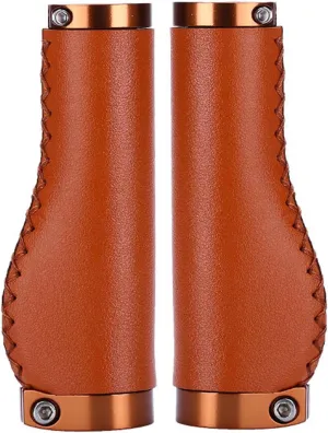 Leather Bike Handlebar Grips 1 Pair,PU Leather Prevent Slip Bike Handle Grips,Lockable Shock Absorbing Retro Red Grips