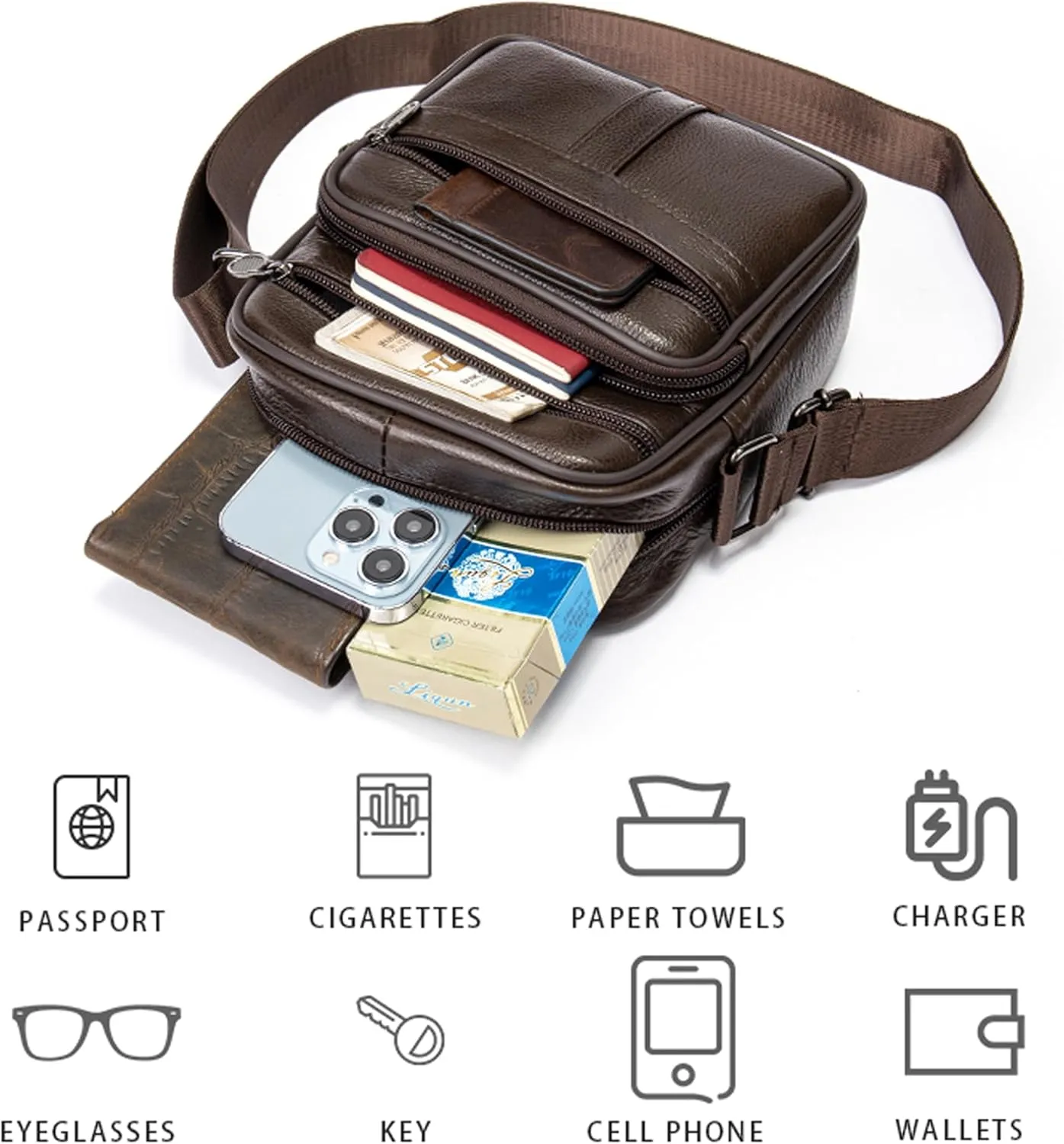 Leather Crossbody Bag Men, Smartphone Messenger Shoulder Holster Wallet Bag