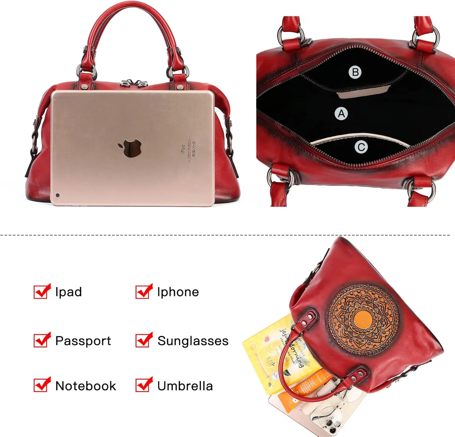 Leather Handbag for Women, Genuine Leather Purses Retro Mandela Crossbody Handbag Tote Bag