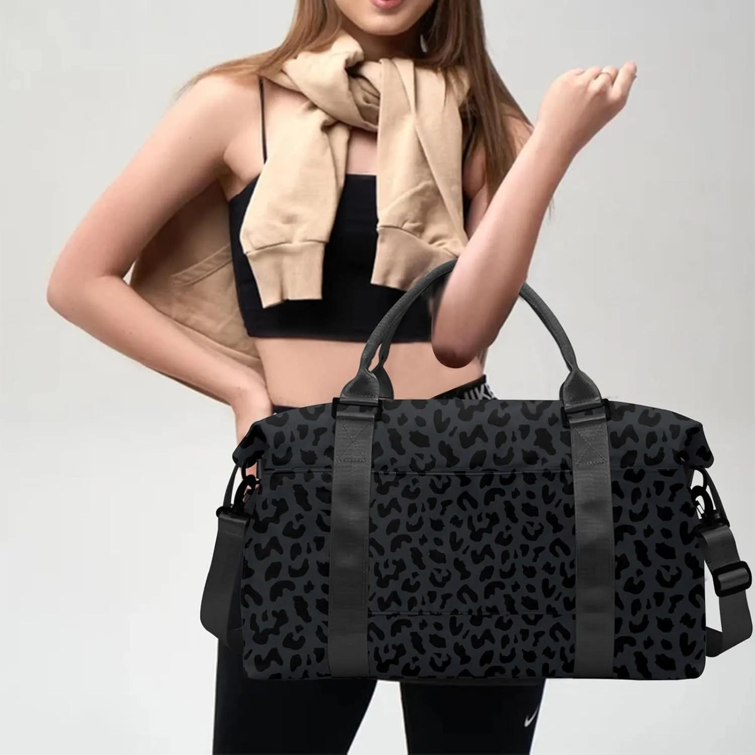 Leopard Cheetah Travel Tote with Wet Pocket, Shoulder Strap - Weekender, Overnight, Carry On Bag with Trolley Sleeve