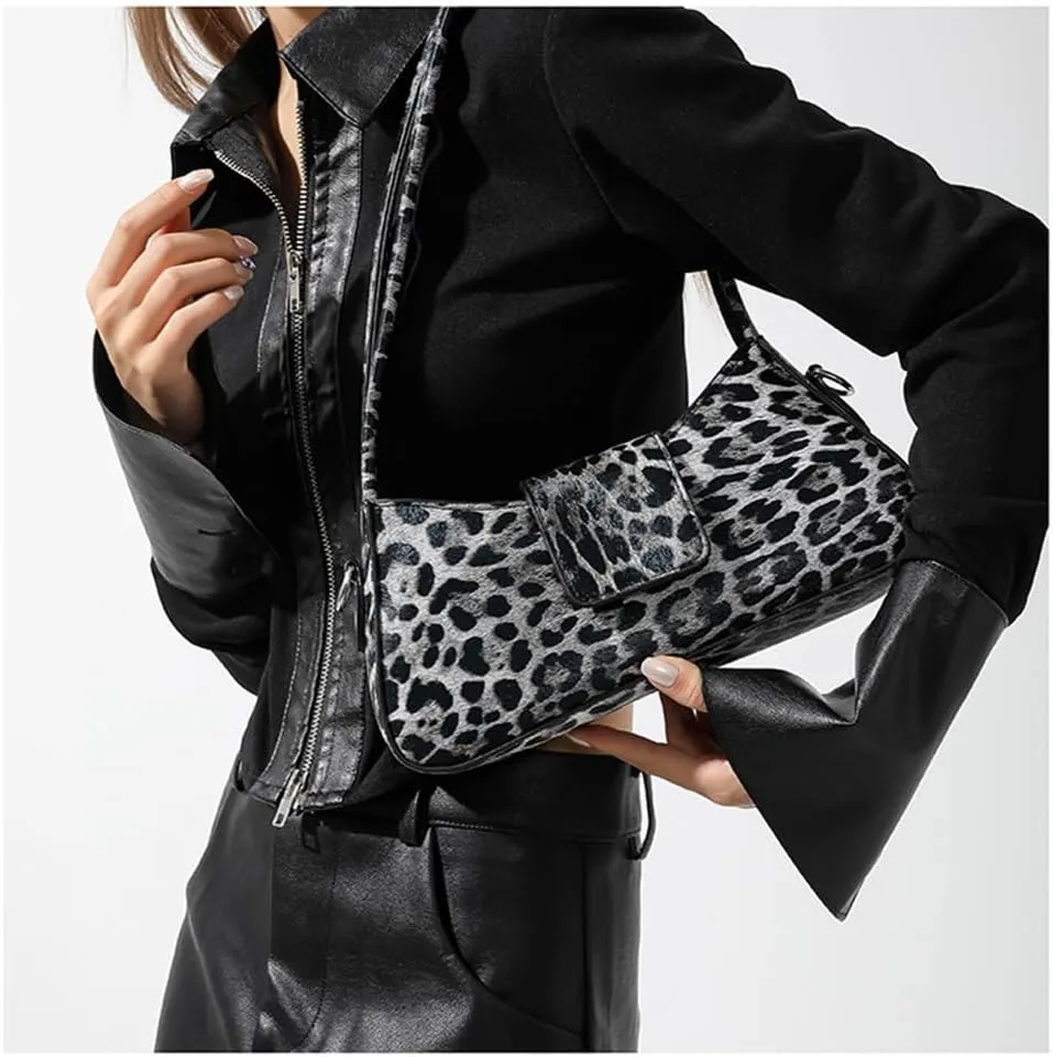 Leopard Print Crescent Shoulder Bag Cheetah Print Clutch Tote Bag Leopard Hobo Handbag and Purse for Women (Black)