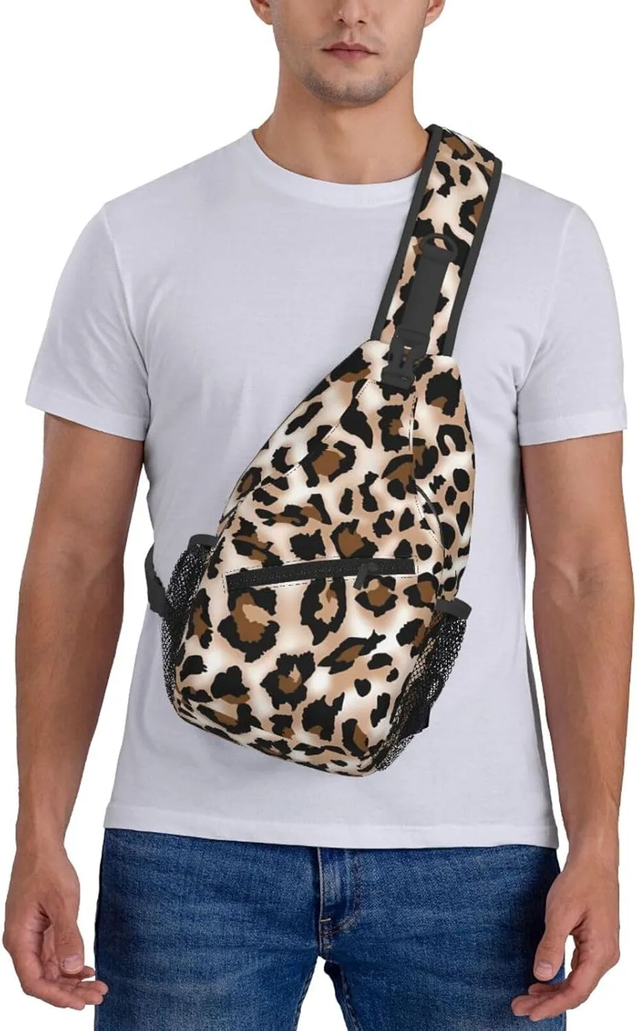 Leopard Print Print Men's Cross Chest Bag Diagonally, Cute Crossbody Shoulder Backpack, 7.5" L x 3.5" W x 15.3" H