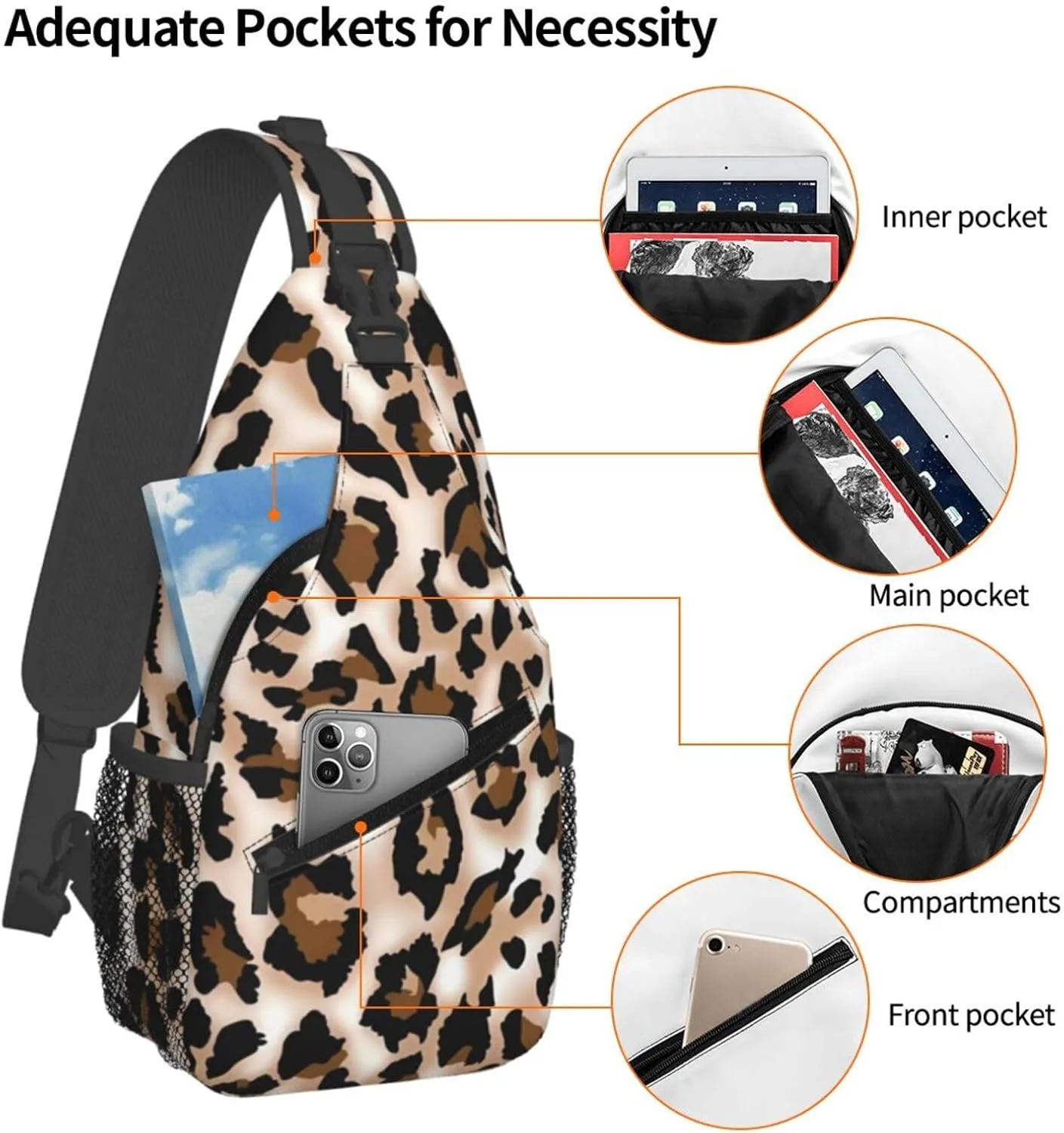 Leopard Print Print Men's Cross Chest Bag Diagonally, Cute Crossbody Shoulder Backpack, 7.5" L x 3.5" W x 15.3" H