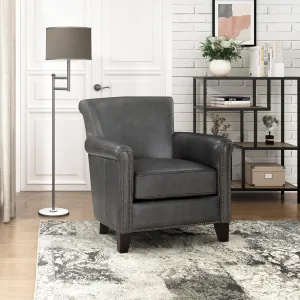 Lexicon 100% Top Grain Genuine Leather Chair, Leather Accent Chairs for Living Room, Solid Wood Frame, Rolled Armrest & Nailhead Trim, Comfy Reading for Bedroom, Office, Waiting Room, Classic Gray