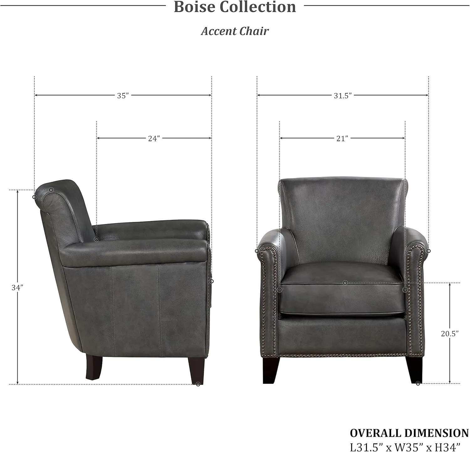 Lexicon 100% Top Grain Genuine Leather Chair, Leather Accent Chairs for Living Room, Solid Wood Frame, Rolled Armrest & Nailhead Trim, Comfy Reading for Bedroom, Office, Waiting Room, Classic Gray