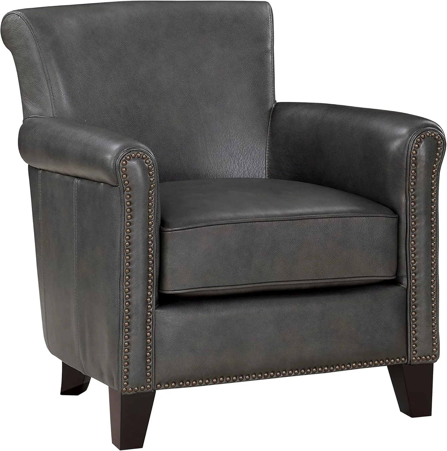 Lexicon 100% Top Grain Genuine Leather Chair, Leather Accent Chairs for Living Room, Solid Wood Frame, Rolled Armrest & Nailhead Trim, Comfy Reading for Bedroom, Office, Waiting Room, Classic Gray