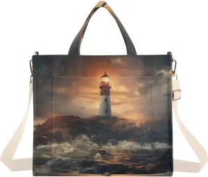 Lighthouse Vintage Corduroy Women Tote Bag, Handbag Purse with Detachable Strap Small Size