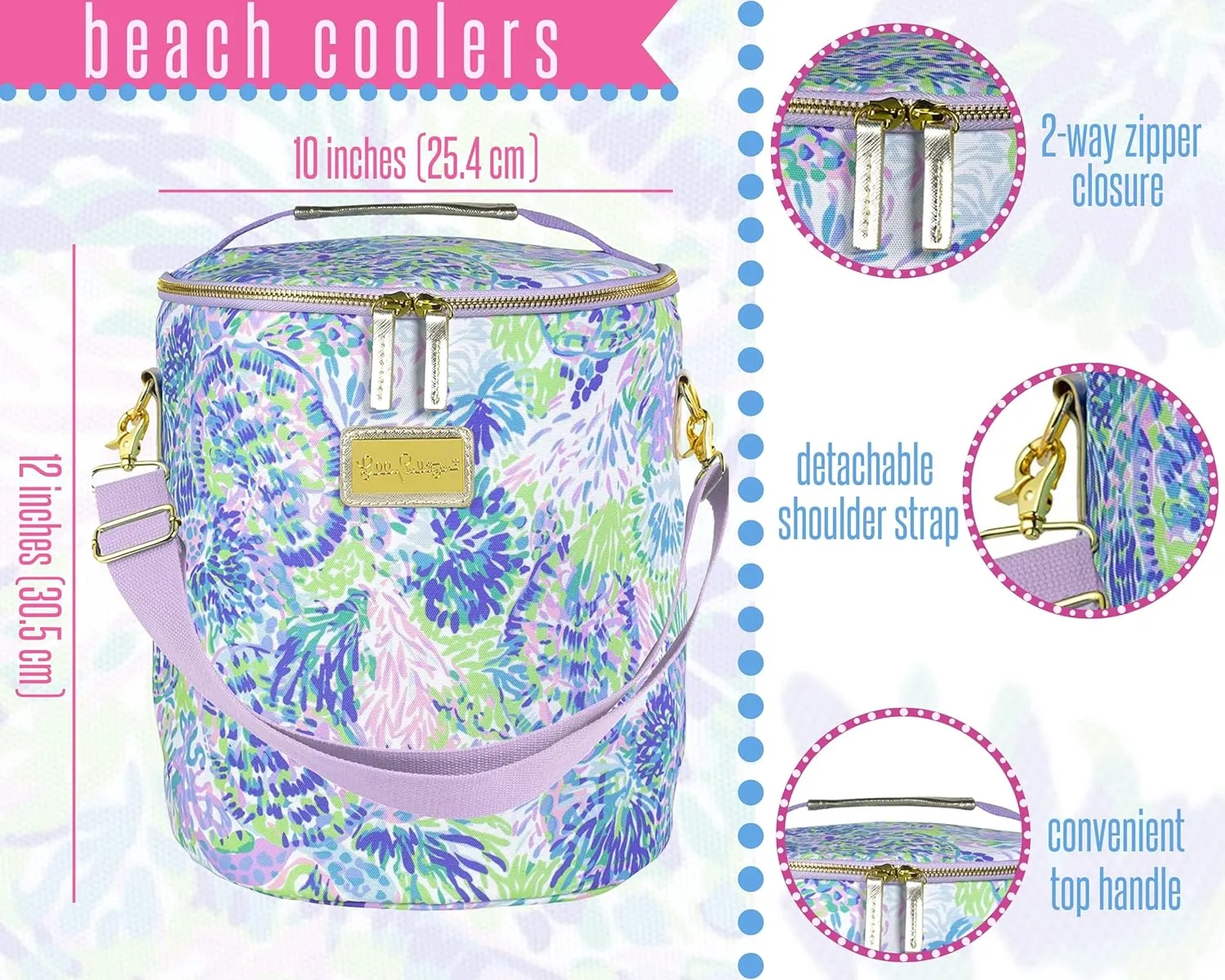 Lilly Pulitzer Purple/Blue/Green Insulated Soft Beach Cooler with Adjustable/Removable Strap and Double Zipper Close, Shell of a Party