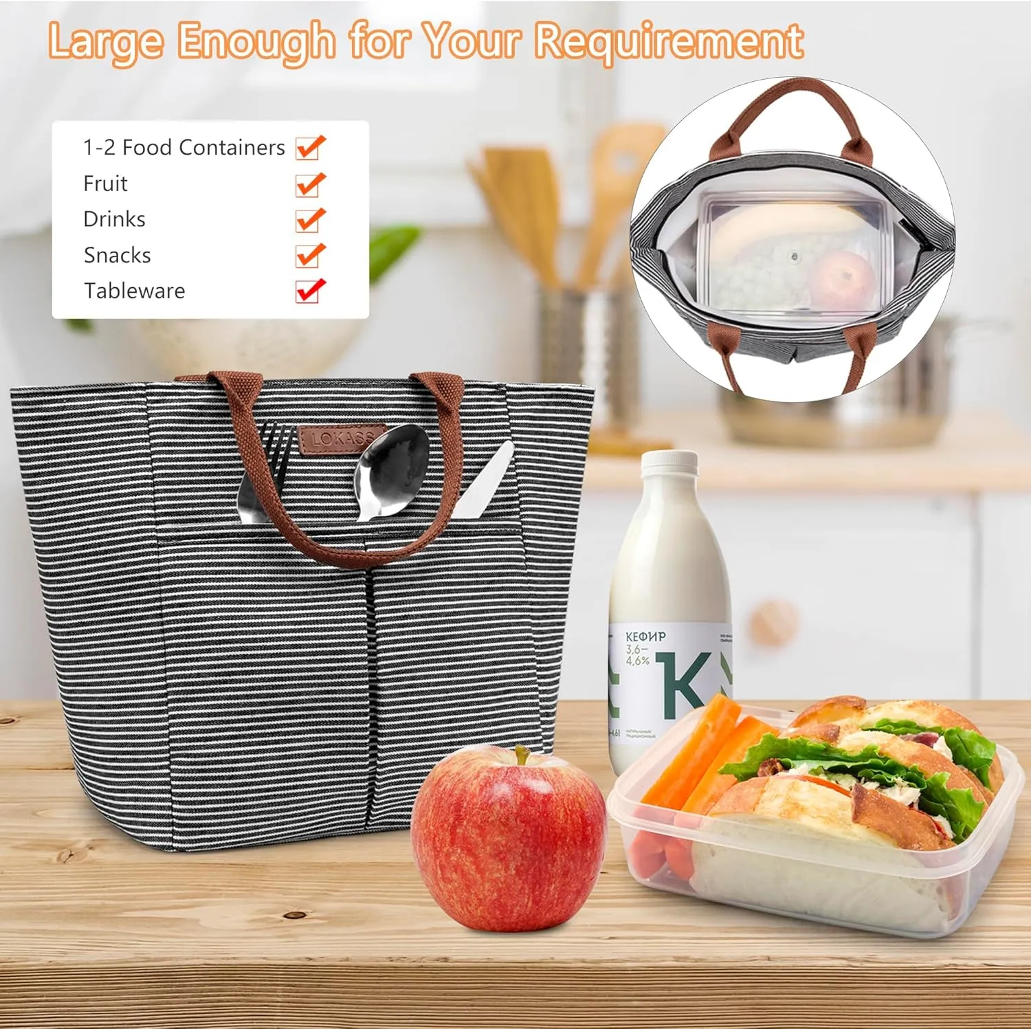 LOKASS Lunch Bag Women Insulated Lunch Box, Wide-Open Lunch Tote Bag Leak-proof Cooler Bag for Work Picnic- (Stripe)