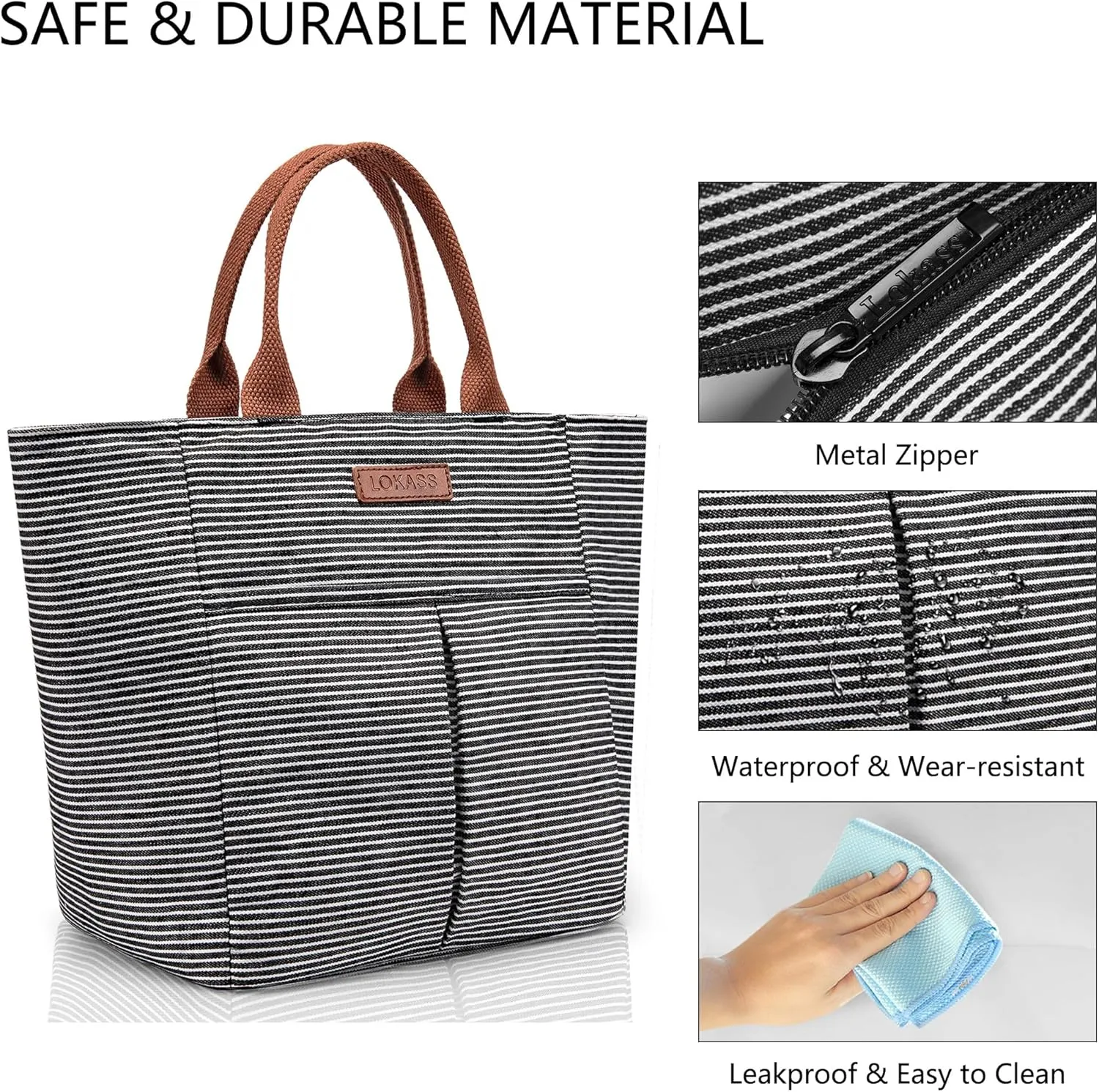 LOKASS Lunch Bag Women Insulated Lunch Box, Wide-Open Lunch Tote Bag Leak-proof Cooler Bag for Work Picnic- (Stripe)