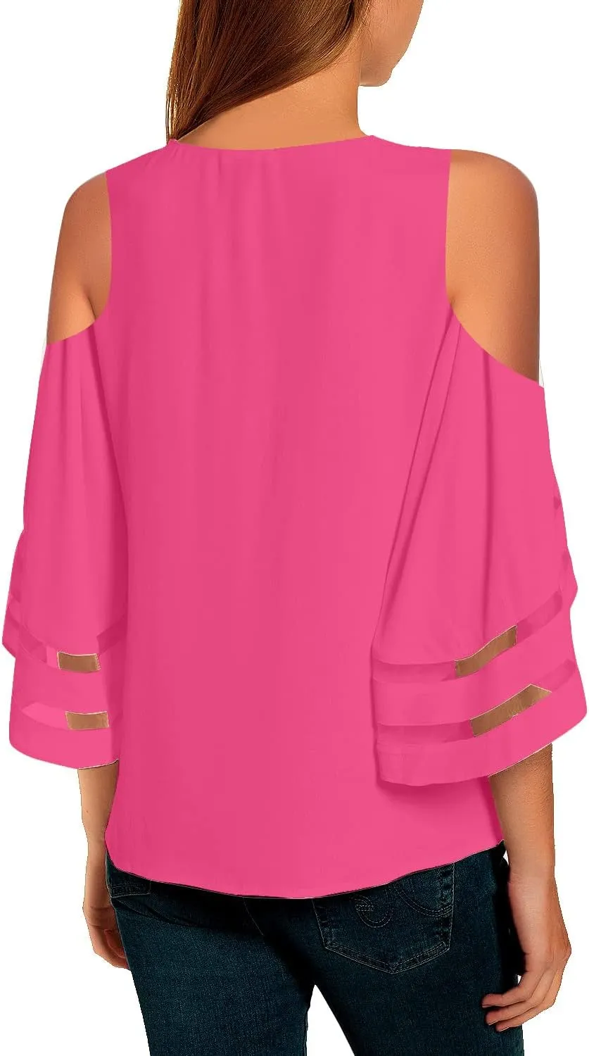 LookbookStore Women's Cold Shoulder Loose Shirt Tops 3/4 Bell Mesh Sleeve Blouse