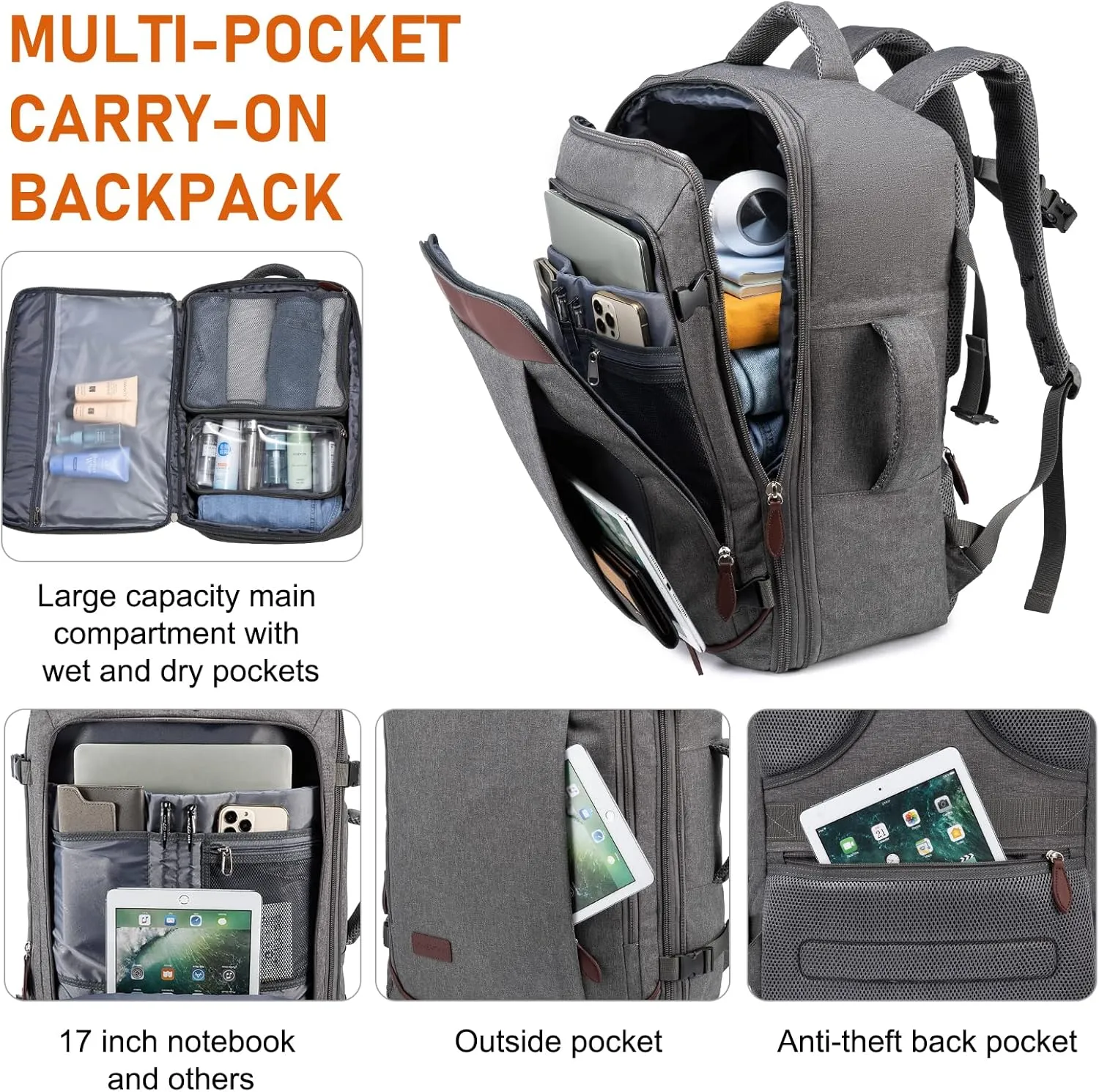 LOVEVOOK Carry on Backpack, 45L Large Travel Backpack for Women Men Airline Approved, Expandable Large Suitcase Backpacks With 4 Packing Cubes, Aer Travel Pack 3, Water Resistant Weekender Bag