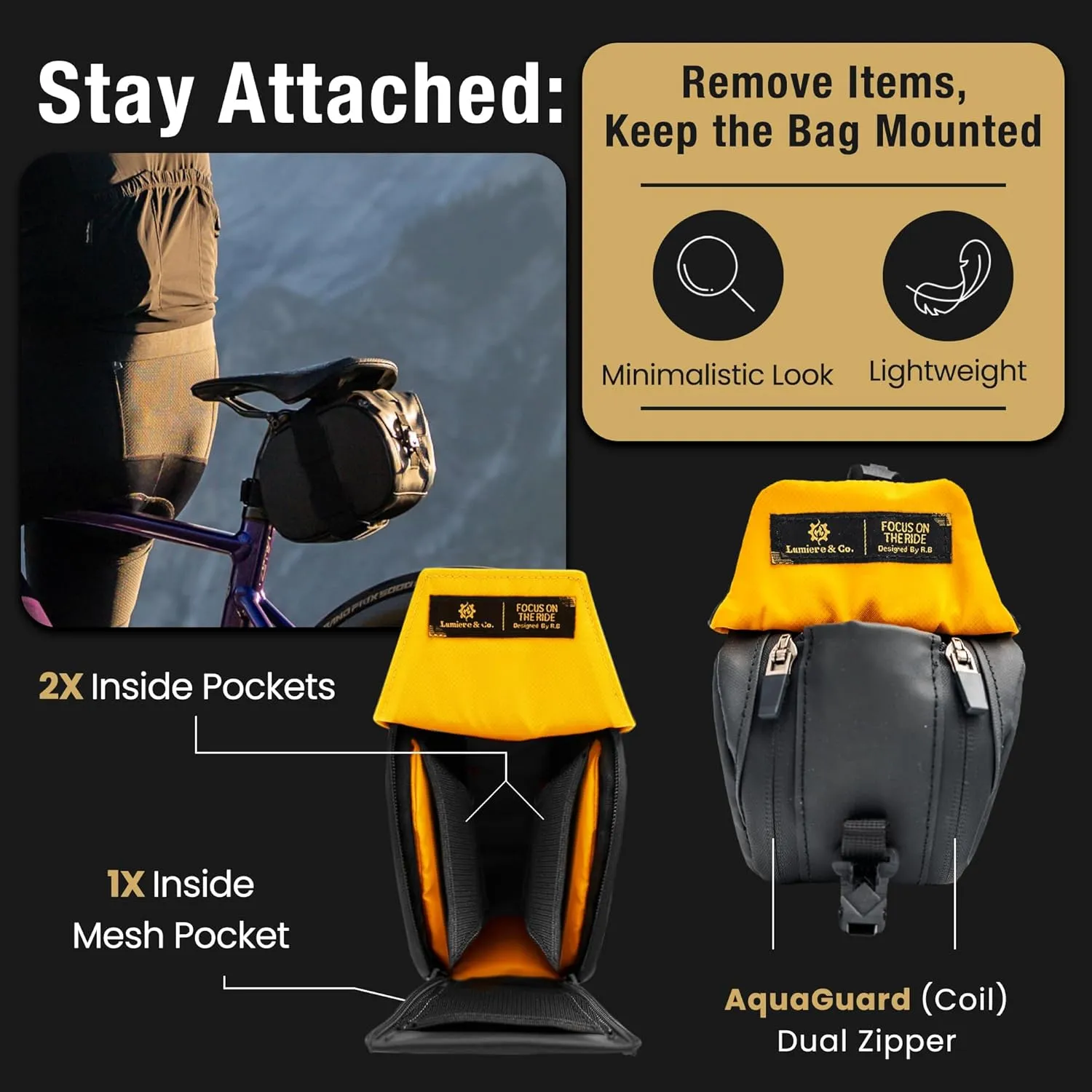 Lumiere & Co. Maximus Magnetic Bike Seat Bag – Quick-Attach Saddle Bag with AquaGuard Zippers, Secure Under-Seat Storage for Cycling Gear & Accessories