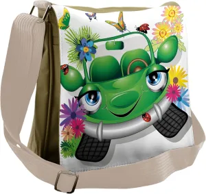 Lunarable Cars Messenger Bag, Ecology Cartoon Car Character, Unisex Cross-body
