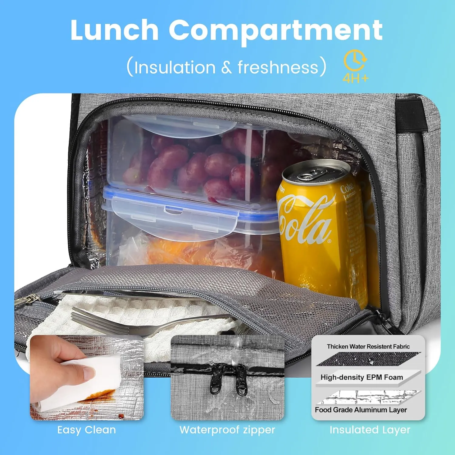 Lunch Backpack, Insulated Cooler Backpack Lunch Box for Men Women, 15.6 Inches RFID Blocking Laptop Backpack with USB Port for Work Travel Picnics Hiking Grey