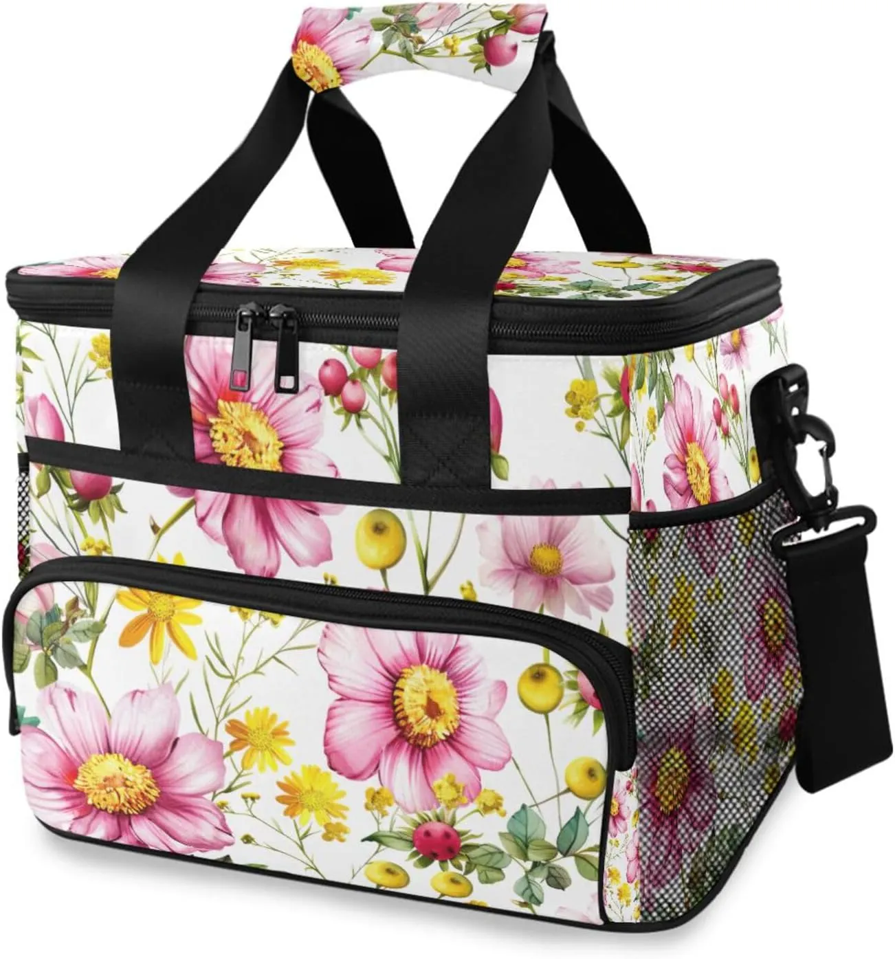 Lunch Bag Cosmos Flowers Insulated Cooler Bag Reusable Lunch Box with Shoulder Strap for Picnic Hiking Camping Work