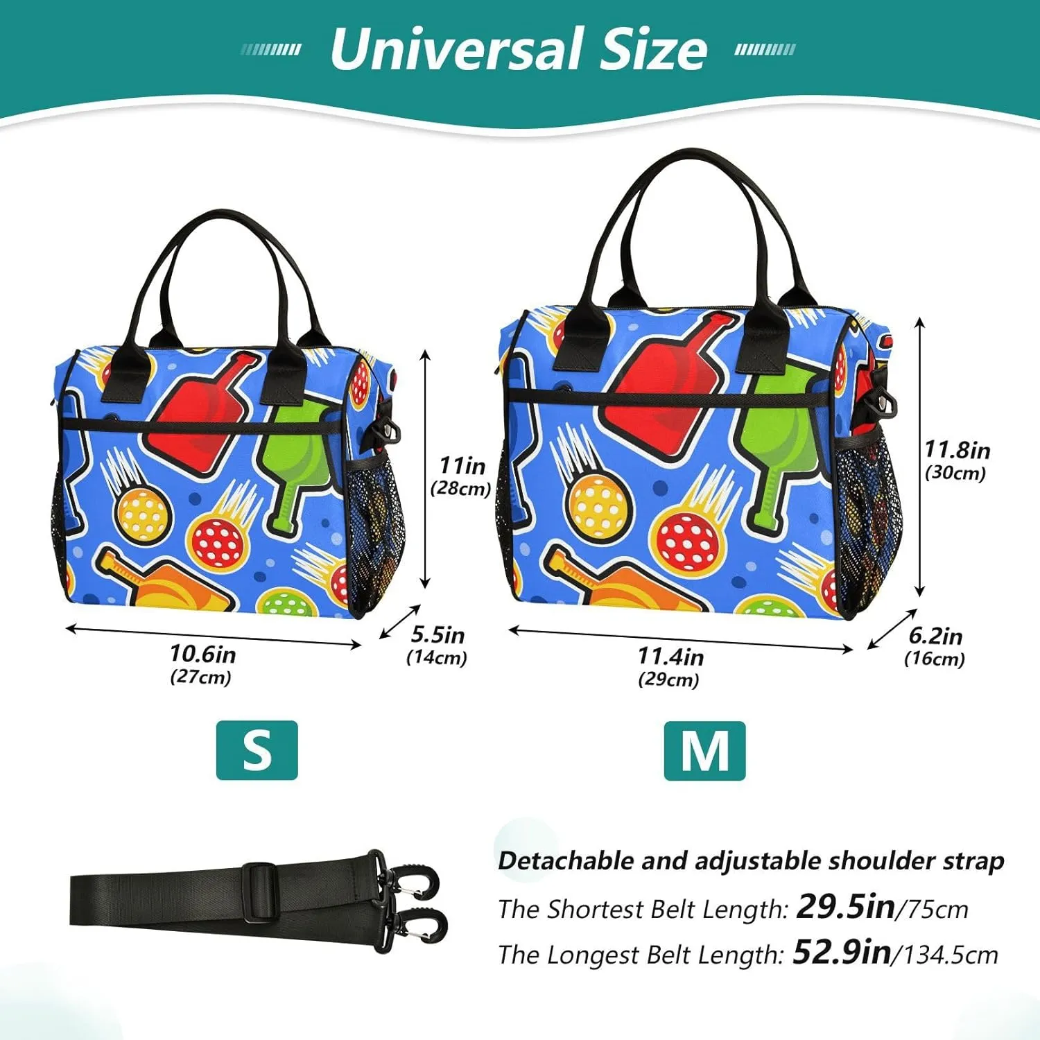 Lunch Bag Energetic Pickleball Insulated Lunch Box Reusable Lunch Tote Bag with Adjustable Shoulder Strap for Men Women M