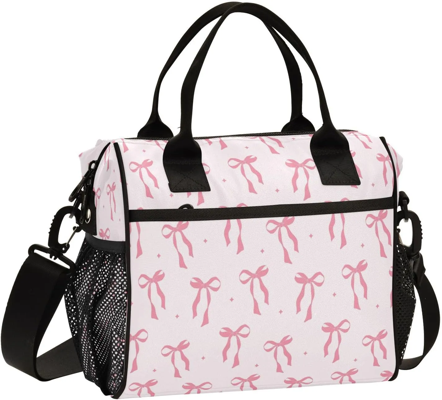 Lunch Bag for Men Women Cute Pink Ribbon Bow Insulated Lunch Box Reusable Cooler Tote Bag with Adjustable Shoulder Strap for Work Picnic School Travel M