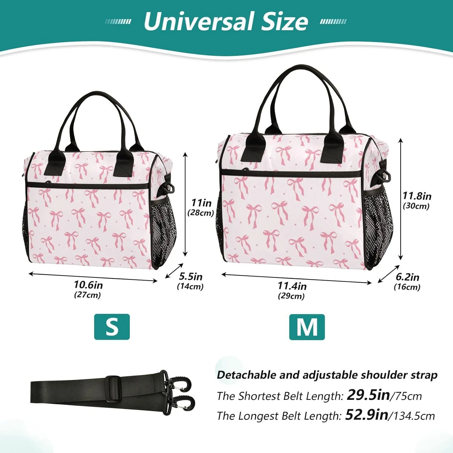 Lunch Bag for Men Women Cute Pink Ribbon Bow Insulated Lunch Box Reusable Cooler Tote Bag with Adjustable Shoulder Strap for Work Picnic School Travel M