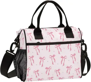 Lunch Bag for Men Women Cute Pink Ribbon Bow Insulated Lunch Box Reusable Cooler Tote Bag with Adjustable Shoulder Strap for Work Picnic School Travel M