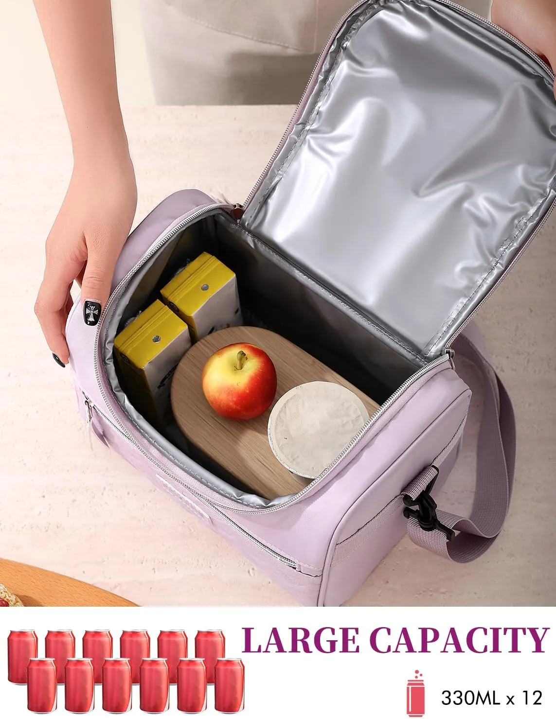 Lunch Bag for Women Insulated Lunch Box Reusable Adult Lunch Cooler Bag with Front Pocket & Adjustable Shoulder Strap, Leakproof Large Lunch Tote Bag for Work Office Travel Picnic, Purple
