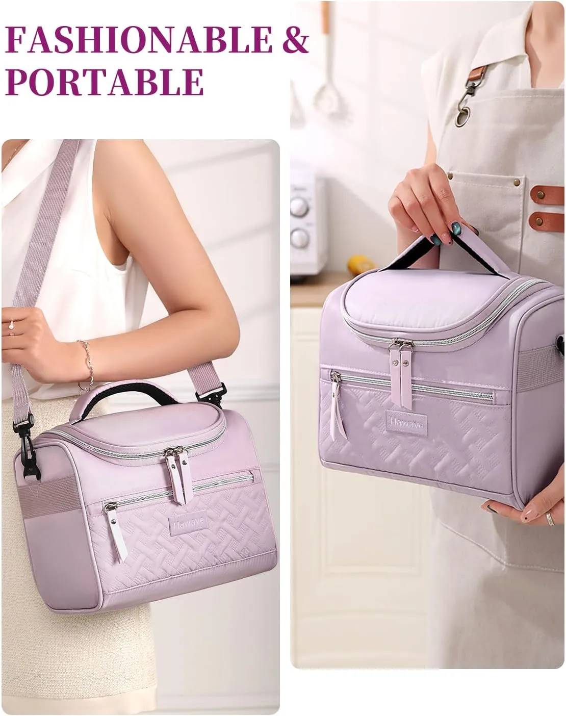 Lunch Bag for Women Insulated Lunch Box Reusable Adult Lunch Cooler Bag with Front Pocket & Adjustable Shoulder Strap, Leakproof Large Lunch Tote Bag for Work Office Travel Picnic, Purple