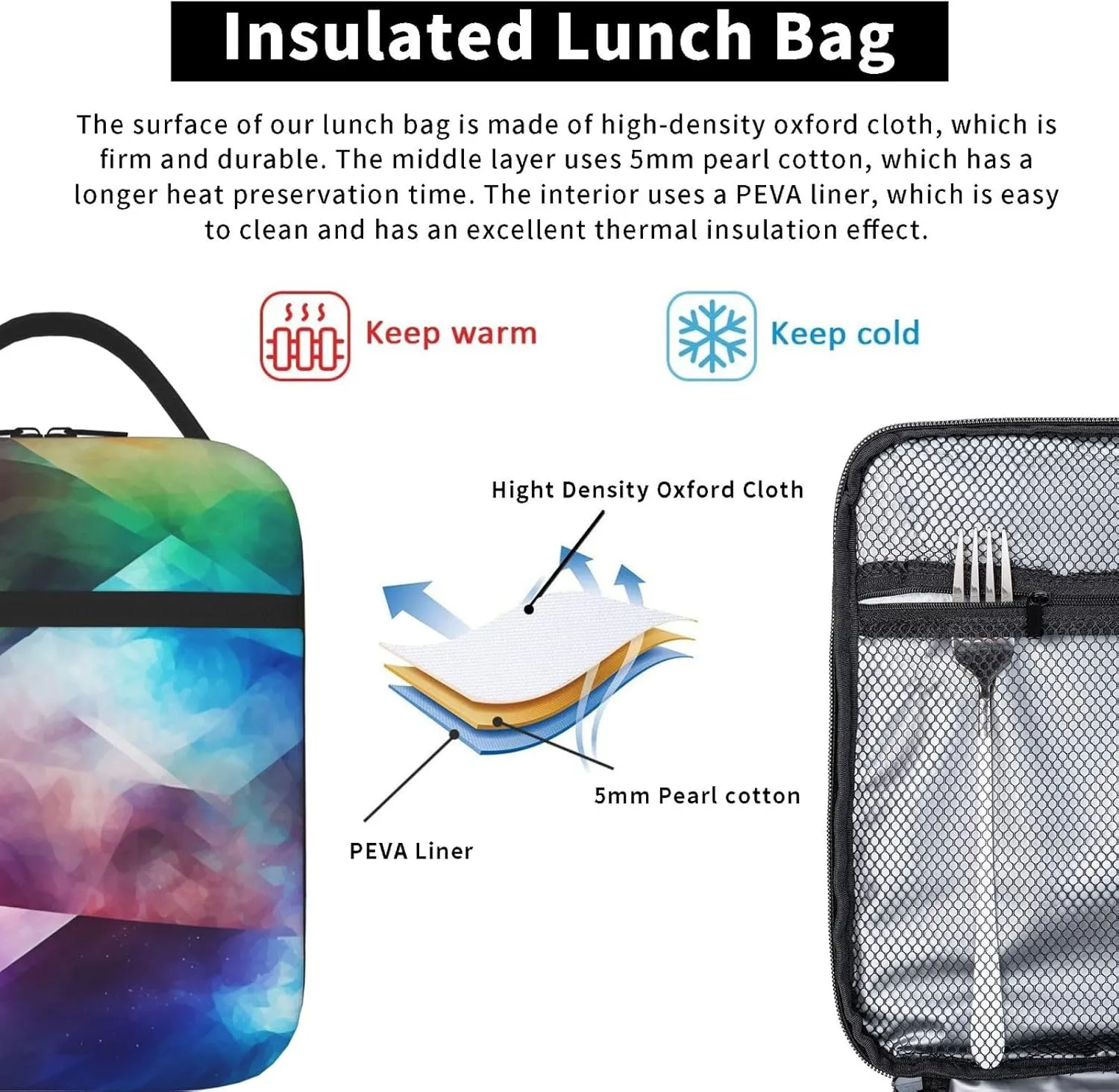 Lunch Bag Insulated Lunch Box for Women Men Cooler Bag Reusable Lunch Bag Complex Color Lunch Tote Bag for Work