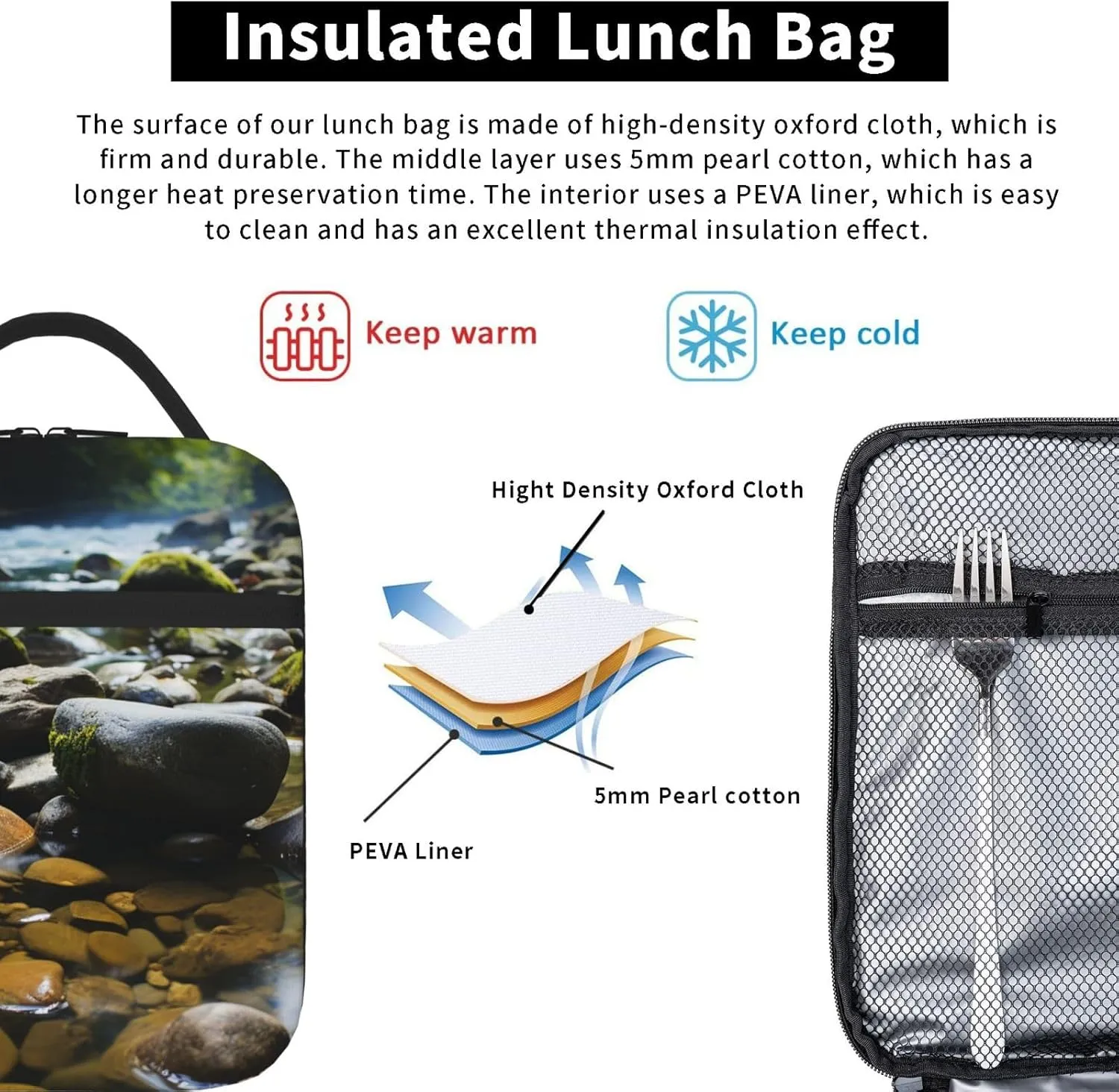 Lunch Bag Lunch Box for Women Men Insulated Lunch bag Stream stones Lunch Tote Bags for Work Office