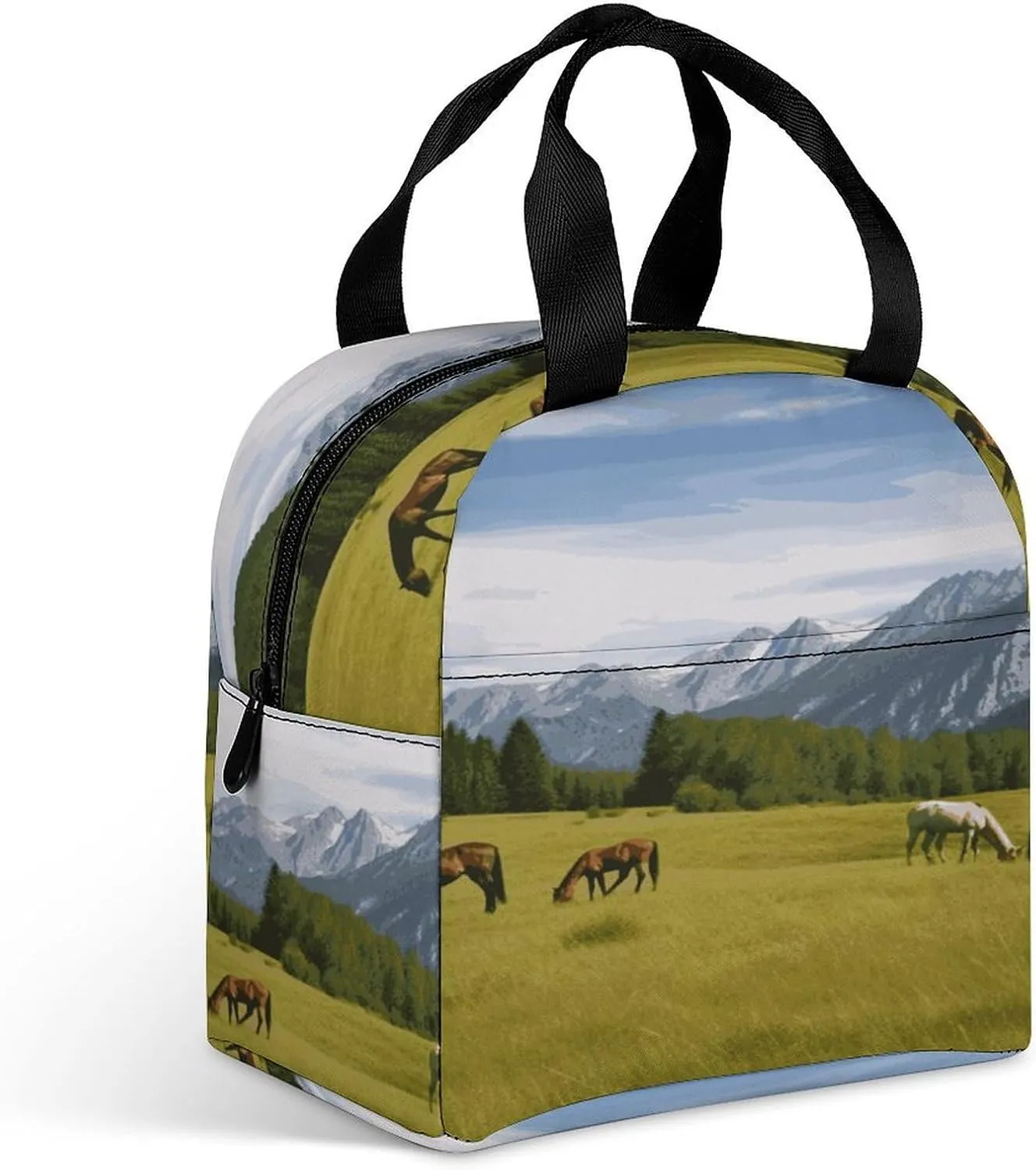 Lunch Bag Reusable Lunch Box Insulated Mountain Pasture Grazing Horses Printing Lunch Tote Bag For Work Office Picnic
