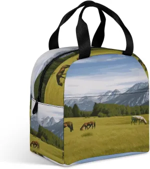 Lunch Bag Reusable Lunch Box Insulated Mountain Pasture Grazing Horses Printing Lunch Tote Bag For Work Office Picnic