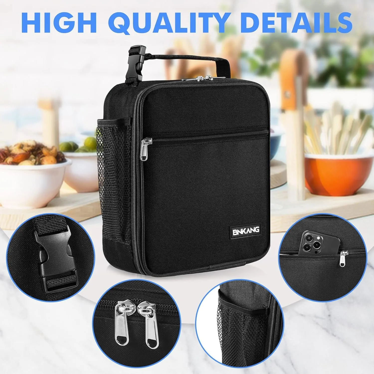 Lunch Box Insulated Lunch Bag - Durable Small Lunch Bag Reusable Adults Tote Bag Lunch Box for Adult Men Women (Black)