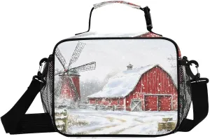 Lunch Boxes Farm Winter Windmill for Women Men Insulated Lunch Bag for Work, Picnic, Funny Cute Anime Cooler Tote Bag with Adjustable Shoulder Strap