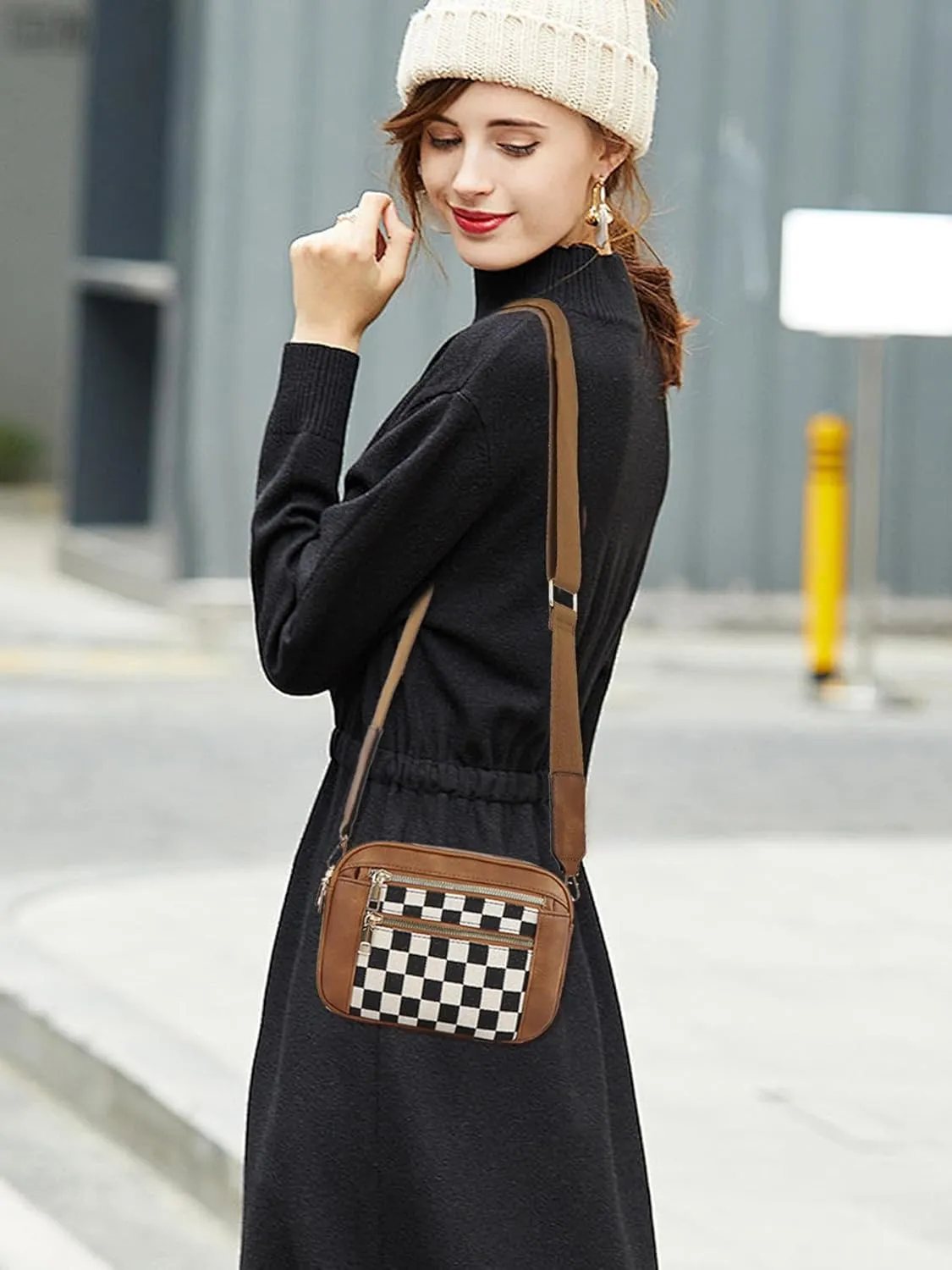 Lushandy Checkered Purse, Checkered Crossbody Bag with Top Handle Vintage Checkered Shoulder Bag Checkerboard Handbag